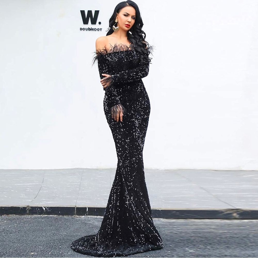 Off Shoulder Feather Long Sleeve Sequin Floor Length Evening Dress